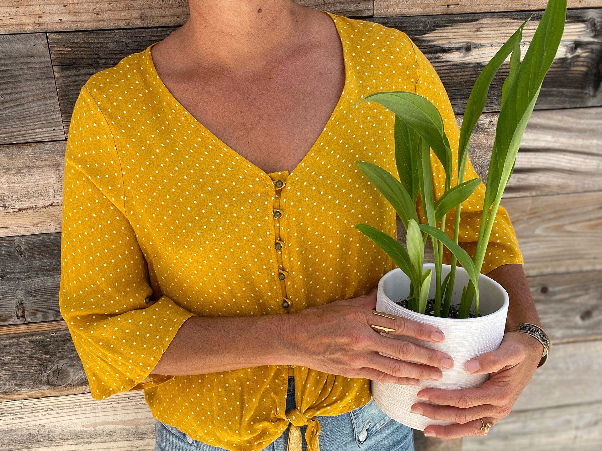A woman in a yellow top holding an indoor plant in a pot