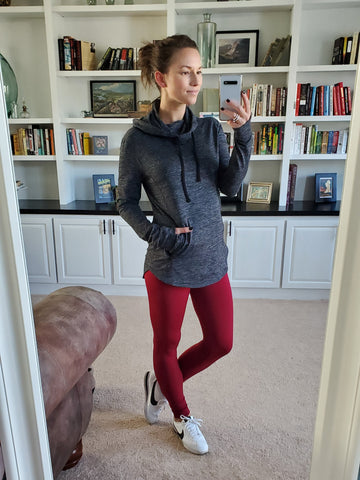 athleisure outfit idea, burgundy fleece lined leggings, charcoal active hoodie with zippered pockets