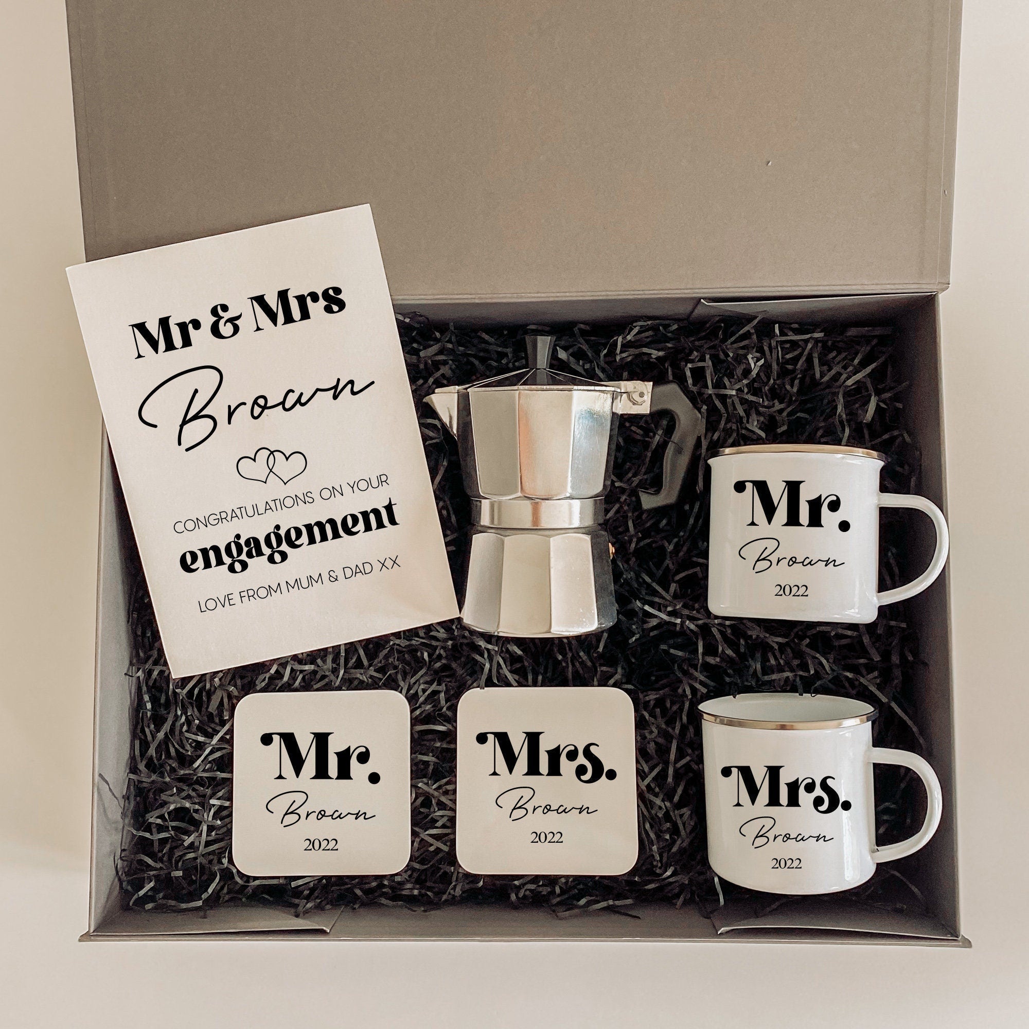 Personalised Engagement Gift SET with Names, Mr and Mrs Gift, Congratu ...