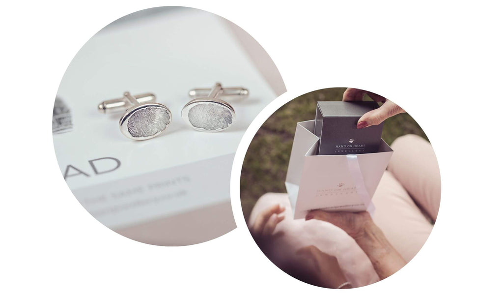 a person being given a set of memorial fingerprint cufflinks as a gift