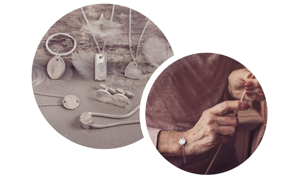 A selection of Memorial Fingerprint Keepsake Jewellery and a lady wearing a memorial fingerprint bracelet