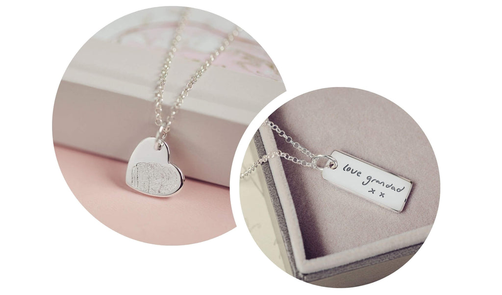 Memorial Fingerprint Heart Necklace and Memorial Handwriting Tag Necklace
