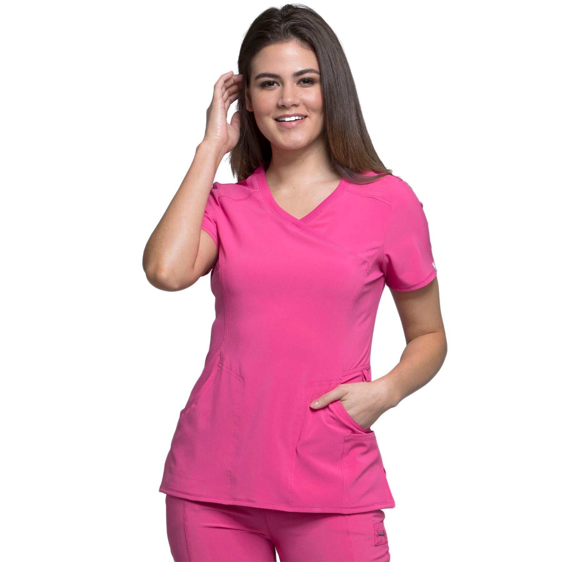 Cherokee Scrubs Top Infinity Mock Wrap Top Carmine Pink medical Uniforms