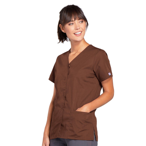 Cherokee Workwear 4770 Scrubs Top Women's Snap Front V-Neck Chocolate 3XL