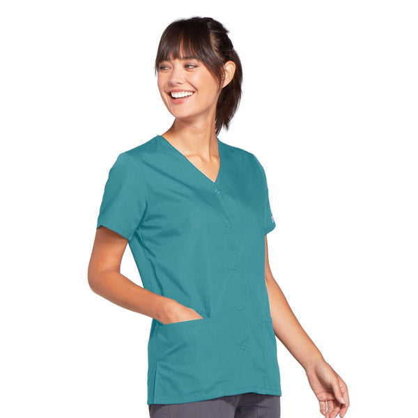 Cherokee Workwear 4770 Scrubs Top Women's Snap Front V-Neck Teal Blue 4XL