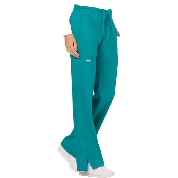 Cherokee Scrubs Pants Cherokee Workwear Revolution WW120 Scrubs Pants Women's Mid Rise Flare Drawstring Teal Blue