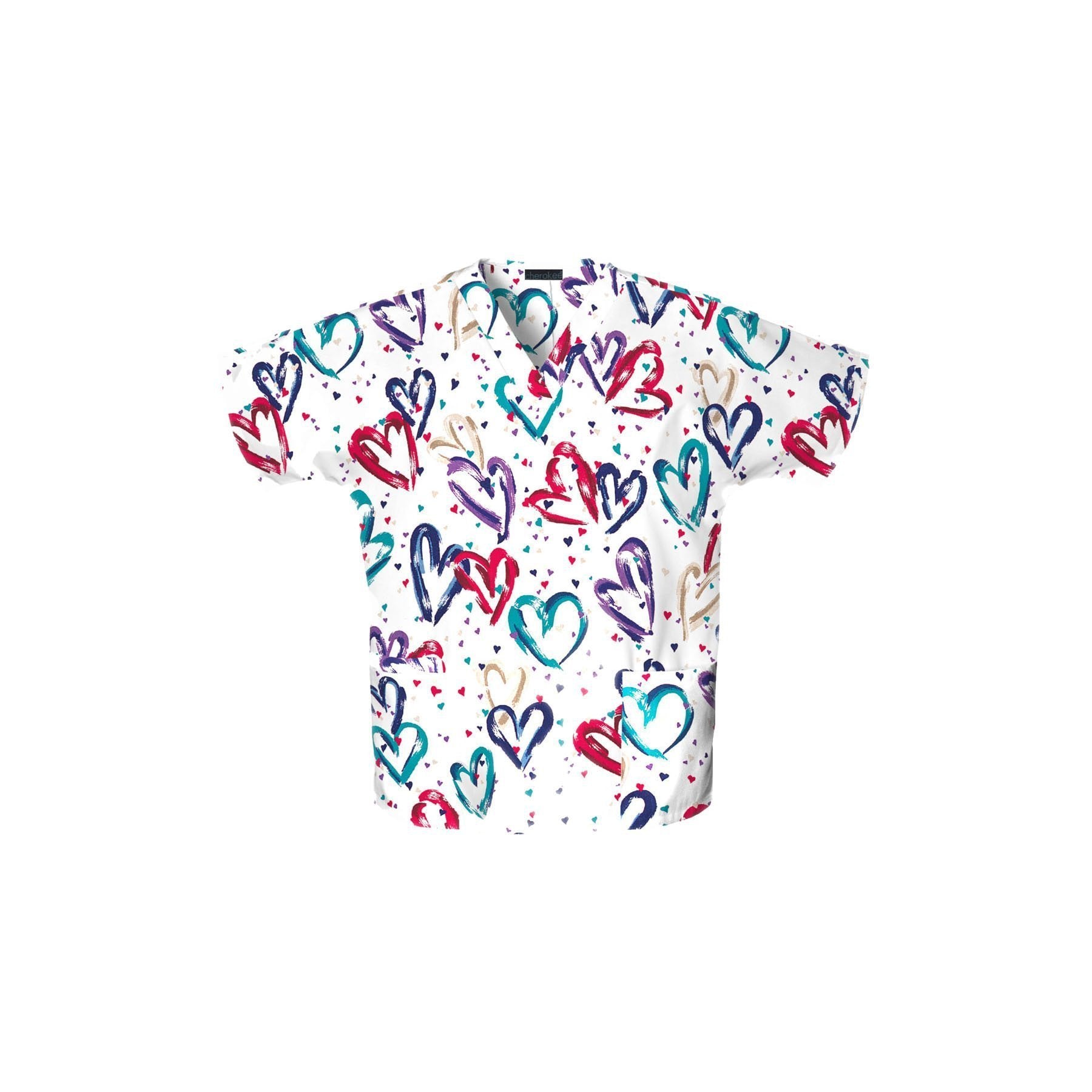 Cherokee Heartbeat Print V-Neck Scrub Tops