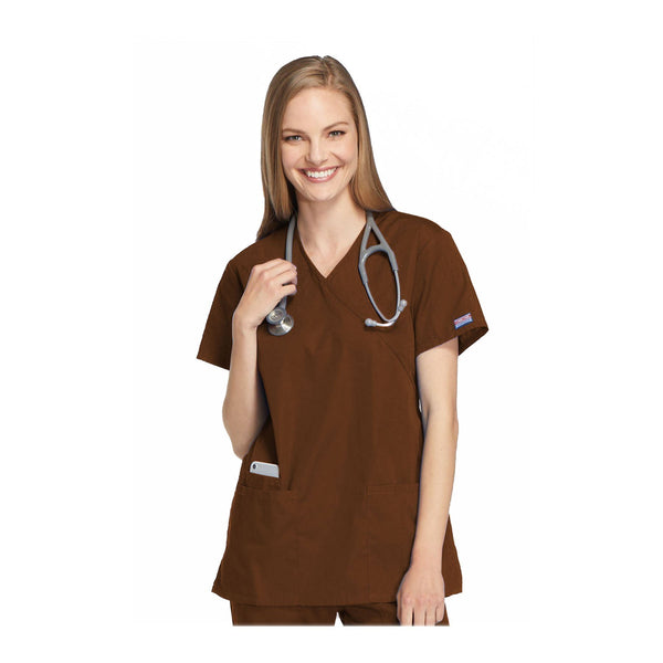 Cherokee Workwear Top WW Mock Wrap Tunic Chocolate Top