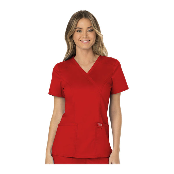 Cherokee Workwear Top WW Revolution Mock Wrap Top Red Top