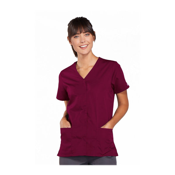 Cherokee Workwear Top WW Snap Front V-Neck Top Wine Top