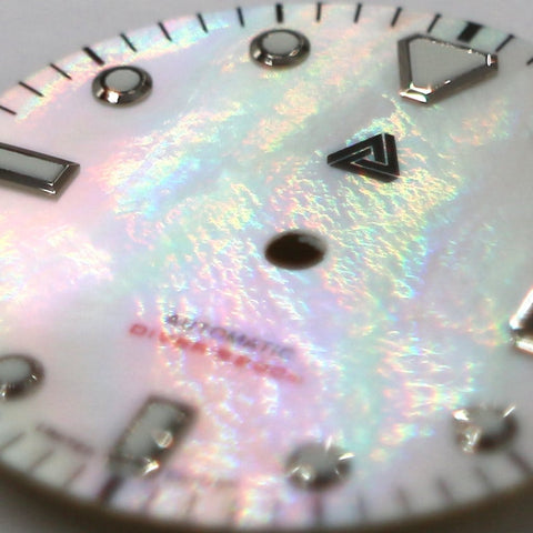 A close of the mother of pearl diver's dial - SEIKO Mod Part by Lucius Atelier