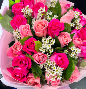 A Wrapped Bouquet of Pink and Hot Pink Roses - Mariams Flowers