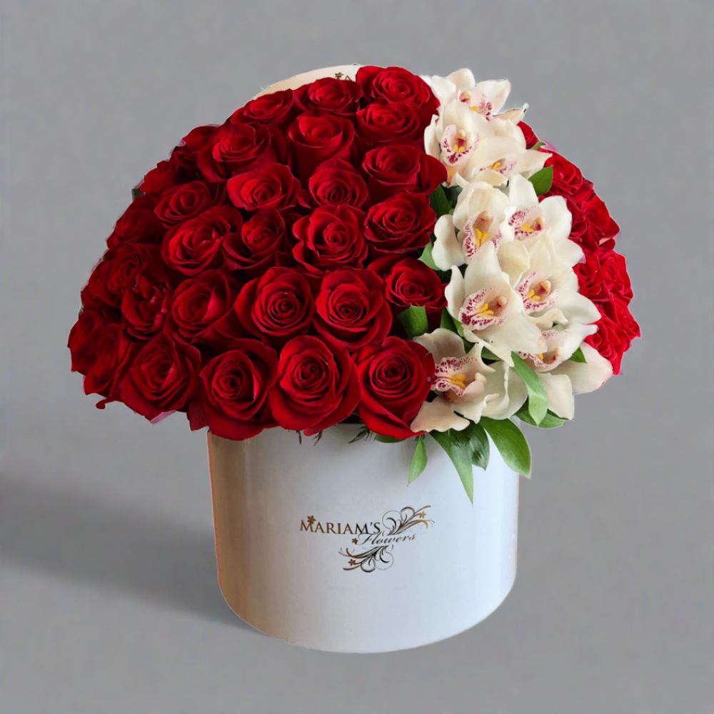Orchid and Red Rose Floral Box Arrangement - Mariams Flowers