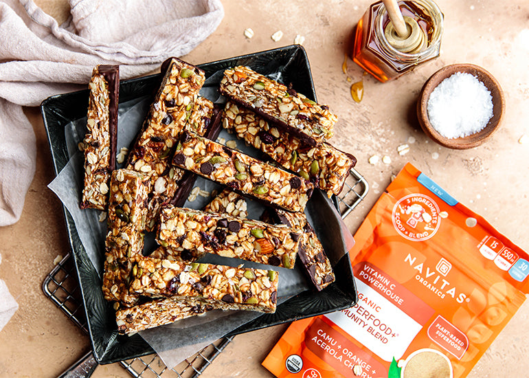 Homemade granola bars made with Navitas Organics Superfood+ Immunity Blend