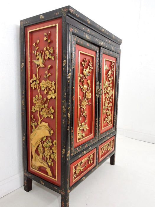 1980's Chinese Cherry Blossom Red and Gold Carved Wood Cabinet With Drawers