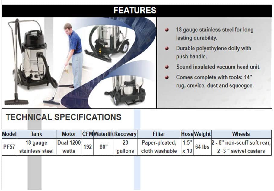 Powr Flite Dual Motor Stainless Steel Wet/Dry Vacuum 20 GAL