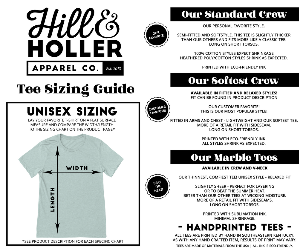 Hill and holler sizing chart.
