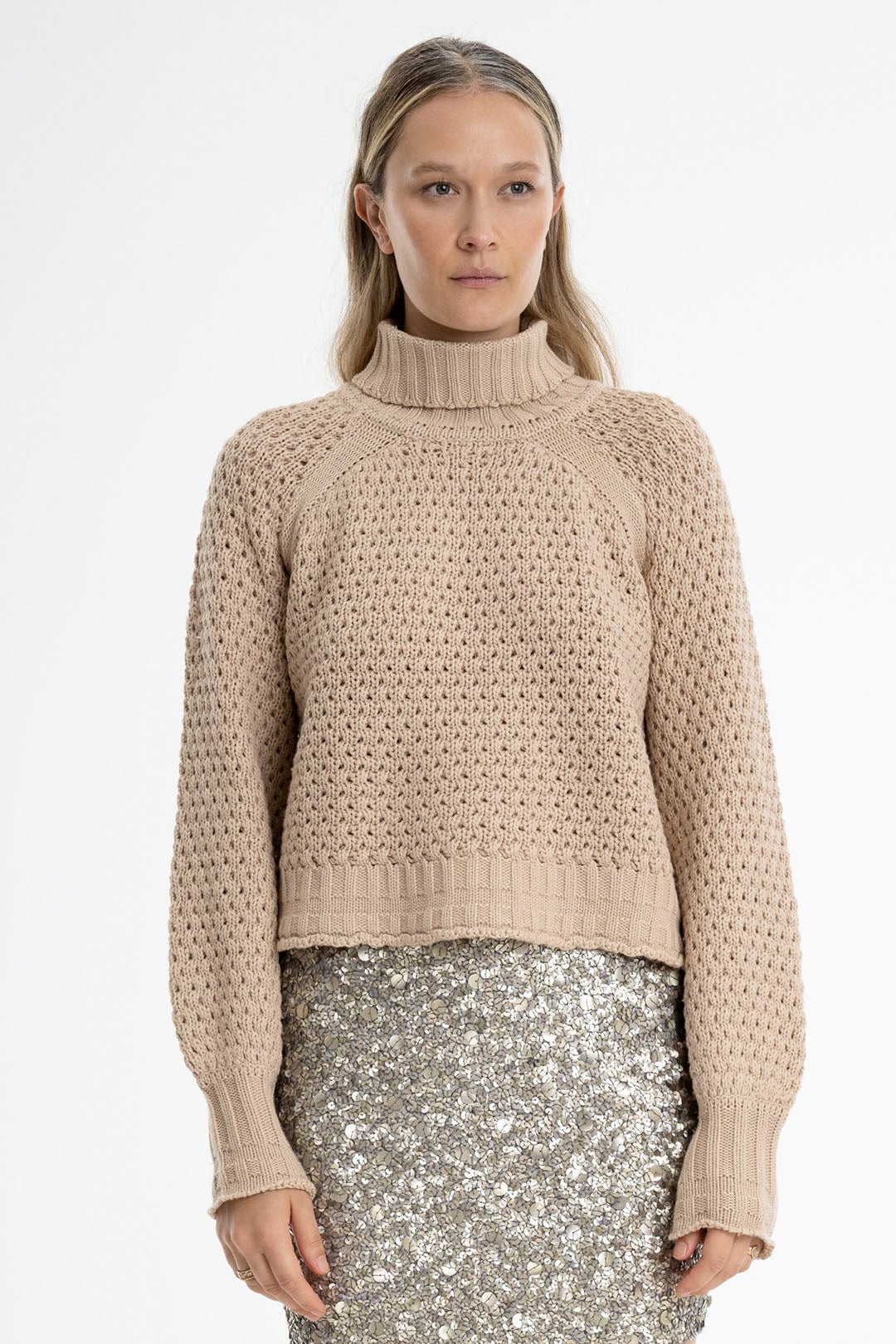 HONEYCOMB CROPPED TURTLENECK SWEATER, POWDER - Burning Torch Online Boutique product image