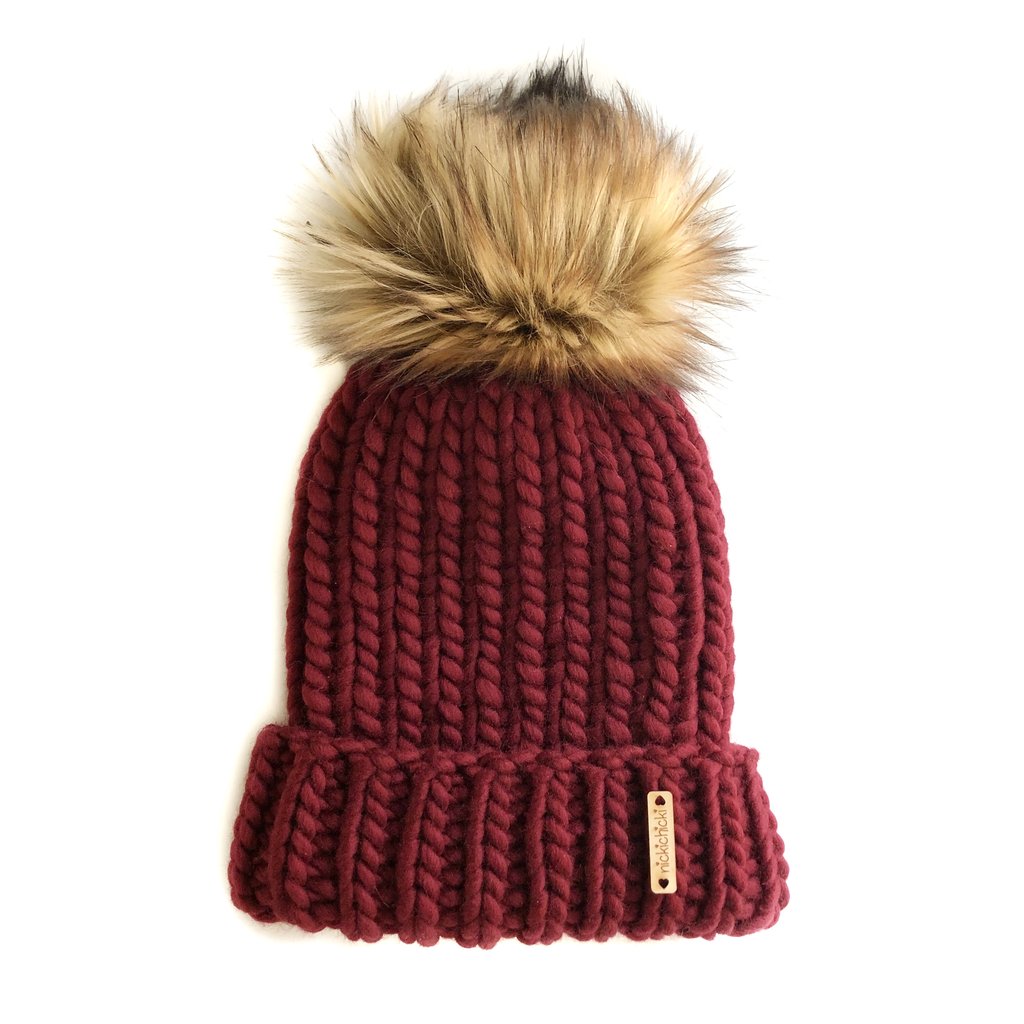 Nicki Chicki - Merino Folded Brim Faux Fur Pom-Pom Beanie Hat (Cabernet/Jackal)