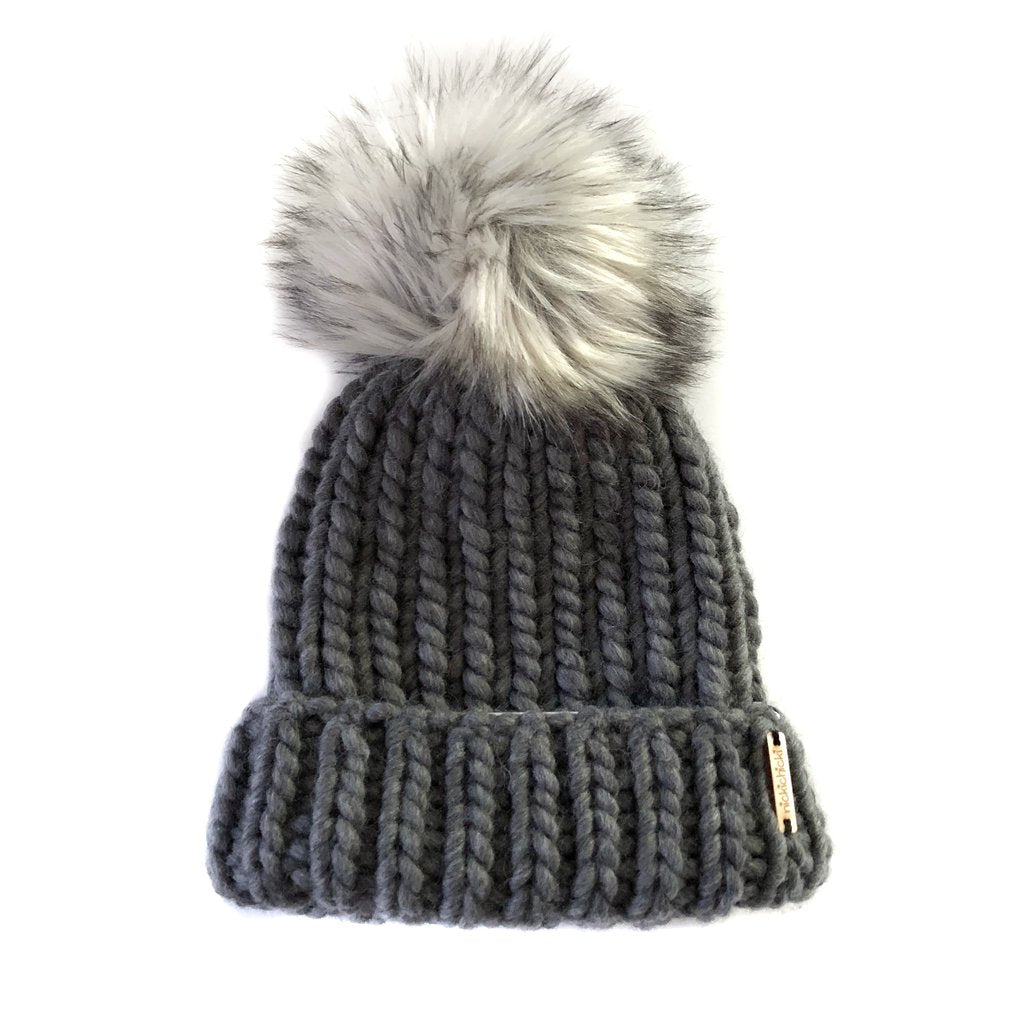 Nicki Chicki - Merino Folded Brim Faux Fur Pom-Pom Beanie Hat (Charcoal/Fox)