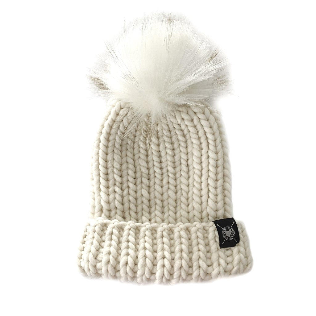 Nicki Chicki - Merino Folded Brim Faux Fur Pom-Pom Beanie Hat (Winter White)