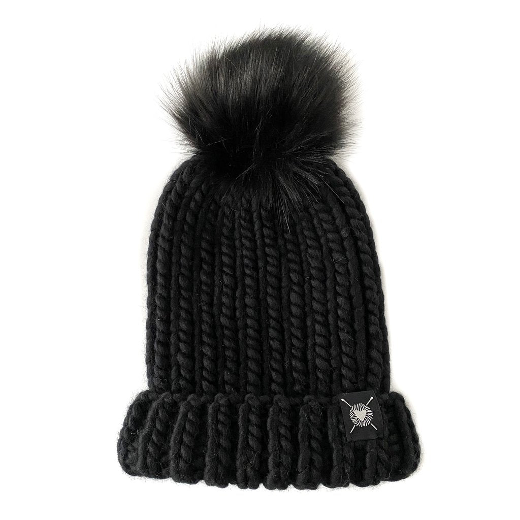 Nicki Chicki - Merino Folded Brim Faux Fur Pom-Pom Beanie Hat (Blackout)