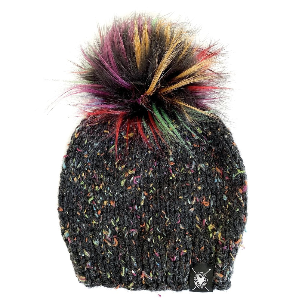 Nicki Chicki - Solid Tweed Faux Fur Pom-Pom Beanie Hat (Dark Rainbow)