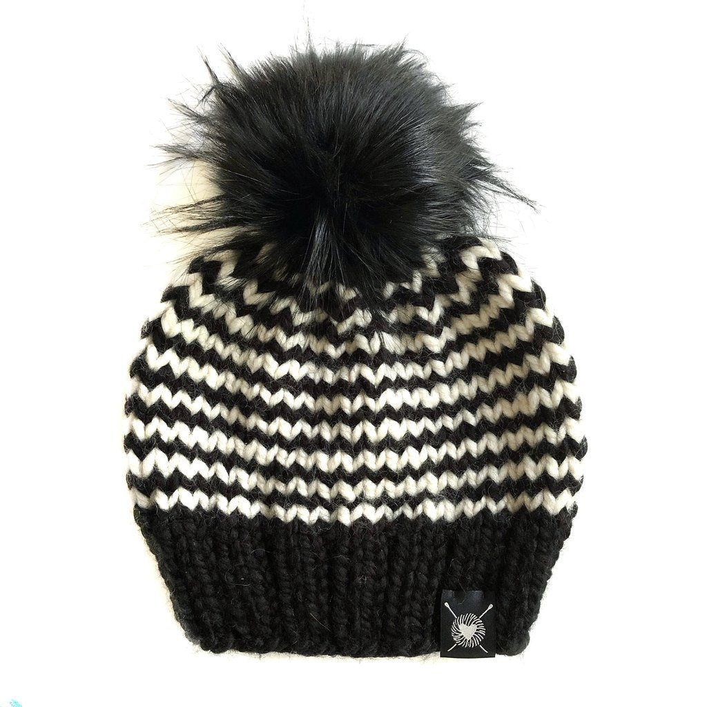 Nicki Chicki - Skinny Stripe Faux Fur Beanie Hat (Zig and Zag)