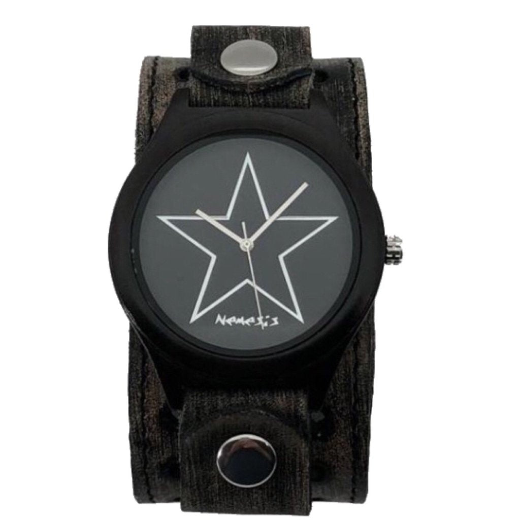 Star Black/Silver Natural Wood Watch with Distressed Black Leather