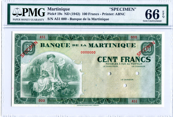 Martinique Specimen 100 Francs 1942 Pick 19 Pmg 66 Epq Paperstuff101