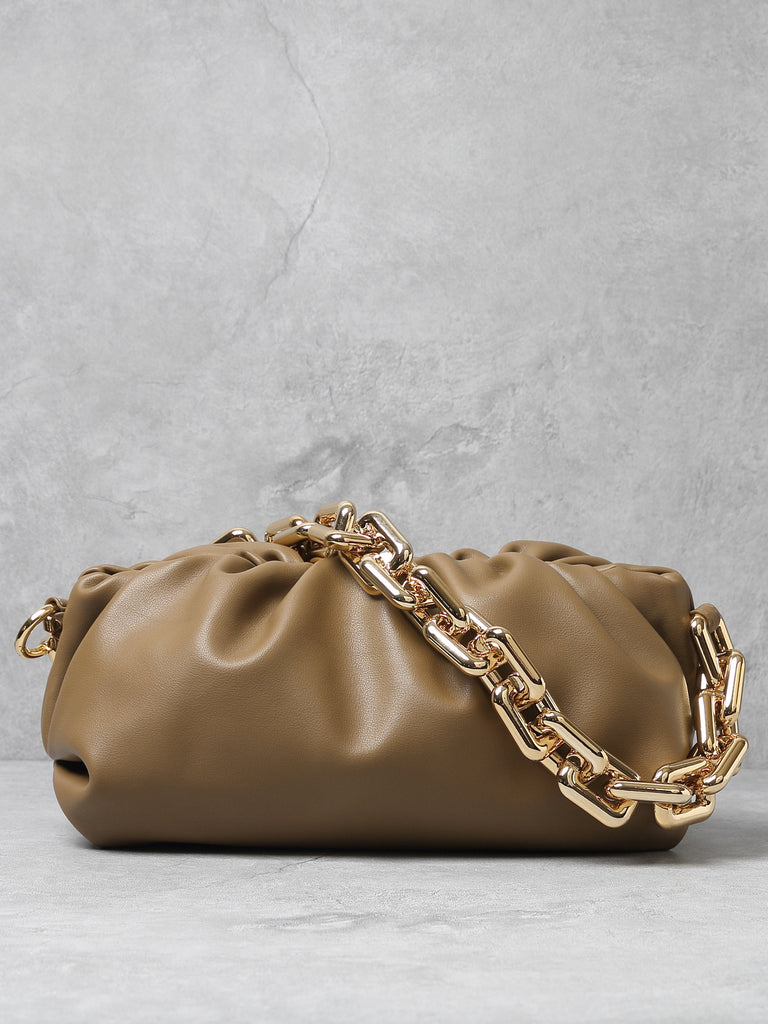 Women's Cloud Clutch Shoulder Bag Ruched Pouch Golden Chunky Chain Bag