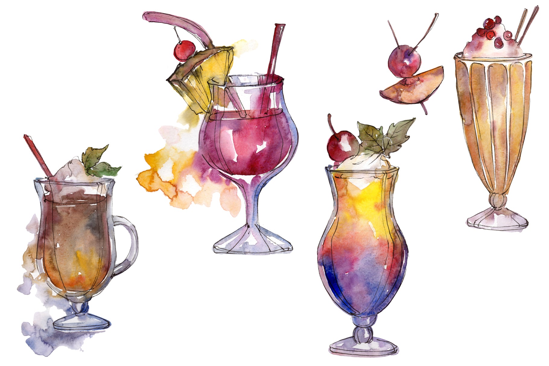 Watercolor exotic drink cocktail PNG set | WatercolorPNG