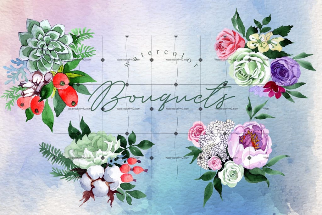 Download Watercolor diversity of 48 flower bouquets png drawings ...