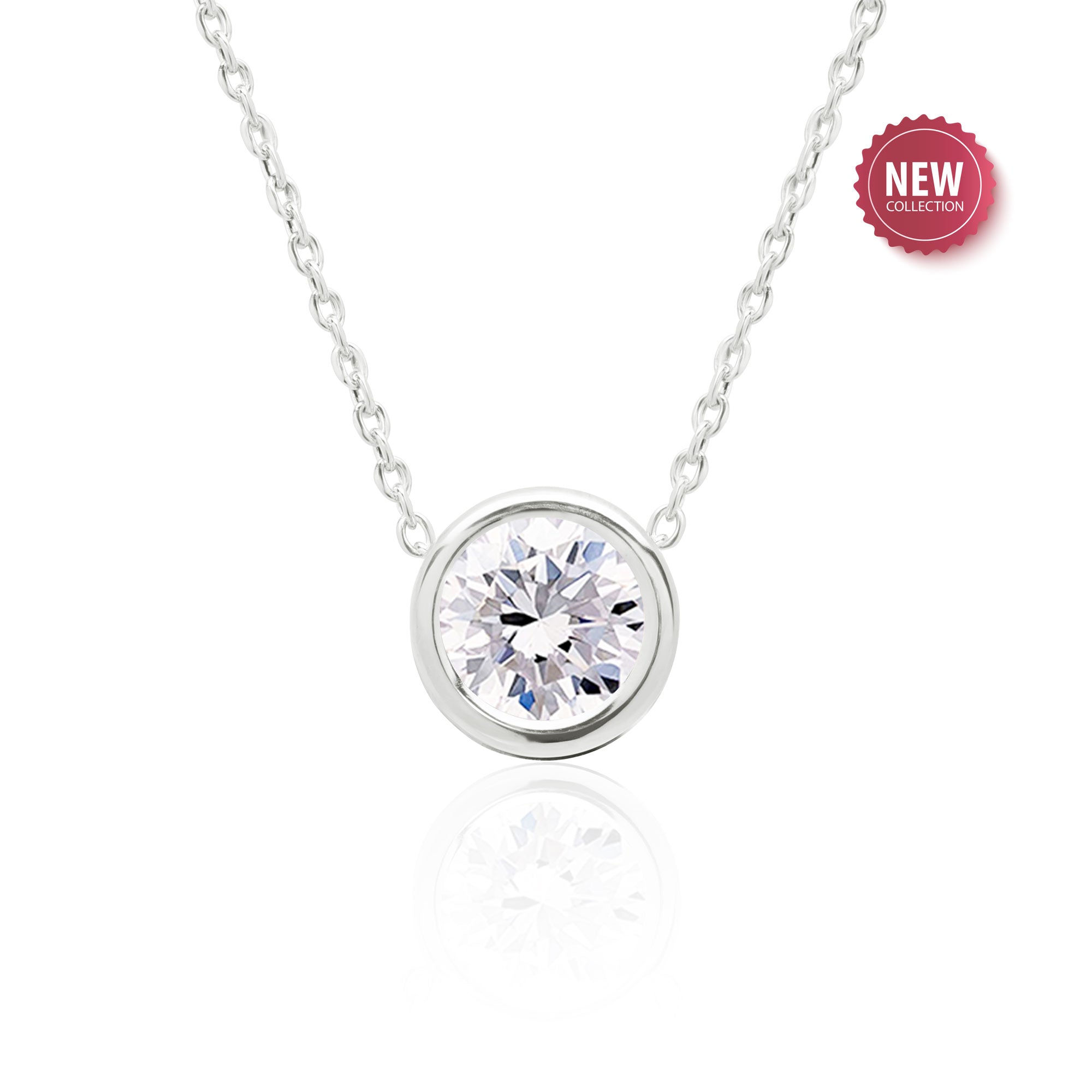 White Topaz Solitaire Pendant Necklace 14K Gold - 2 Ct 8 mm Round