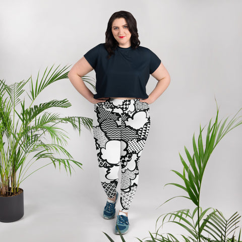 Women's Black and White Graffiti Clouds Plus Size Yoga Pants Workout Leggings For Jiu Jitsu 001