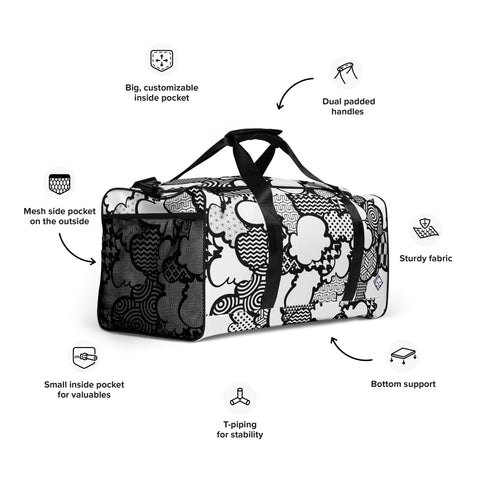 Black and White Graffiti Clouds Sports Duffle Bag - Perfect for Gym and Travel