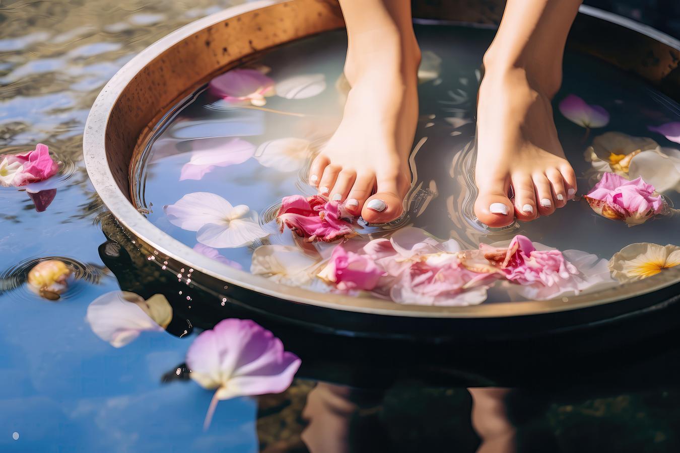 someone's feet in a bowl of water and petals fermented foods modify irritable bowel syndrome