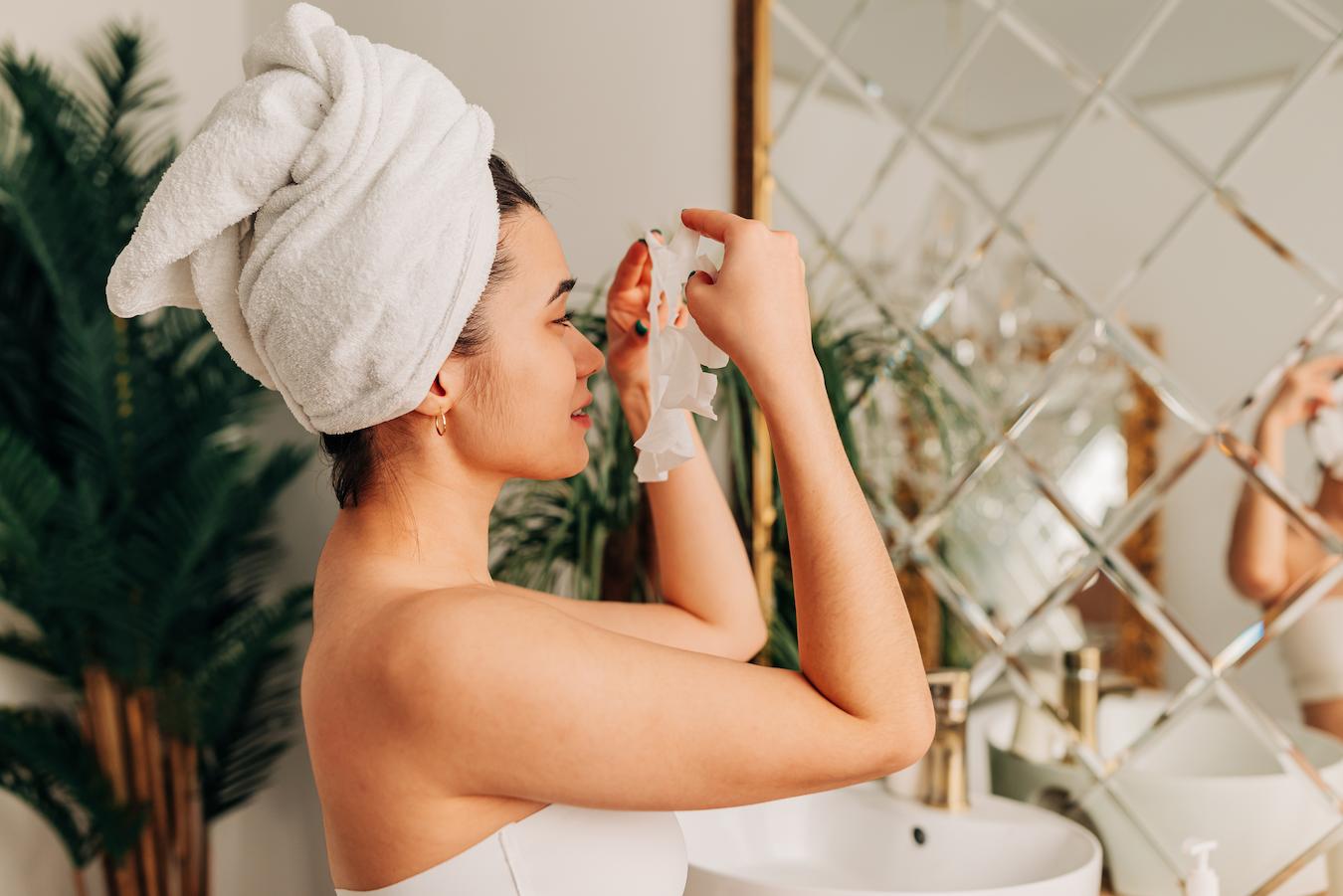 woman applying a sheet mask in her bathroom sleeping mask more sleep more oil thin layer enough sleep skin types sleeping mask