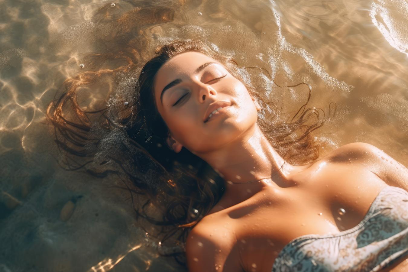 woman laying with her head in water heightened intuition inner peace strong sense reality desire awareness longer serving wider perspective more accepting right direction consciousness