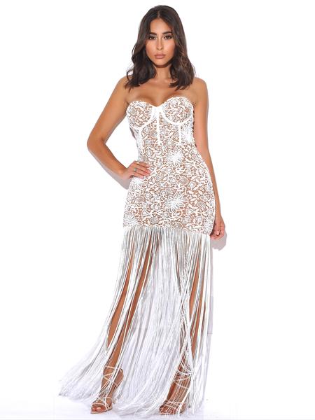 white fringe gown