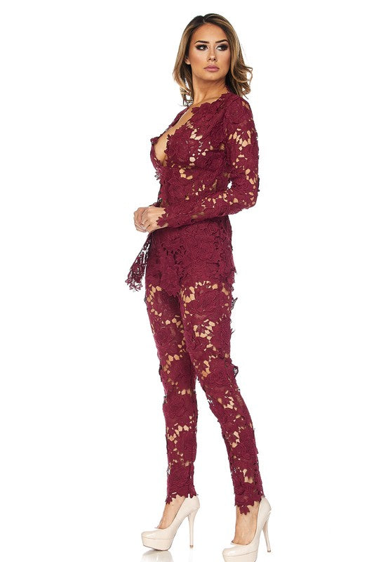 red lace pant suit