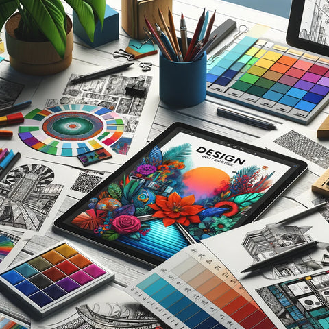 Extended view of an artist's desk with a digital tablet displaying a colorful design, complemented by design sketches, color palettes, and notes, emphasizing the strategic and creative efforts in POD design success.