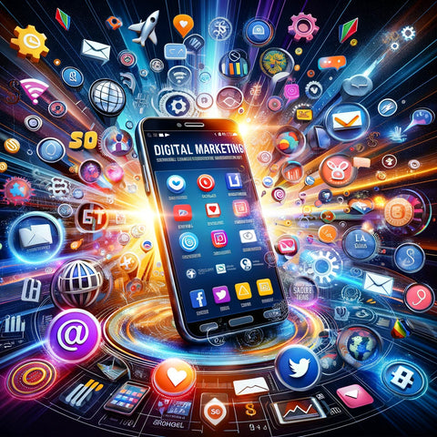 A smartphone displaying social media platforms at the center of a dynamic scene, encircled by marketing strategy icons including hashtags, email symbols, and SEO graphics, illustrating the comprehensive digital marketing process for POD products.