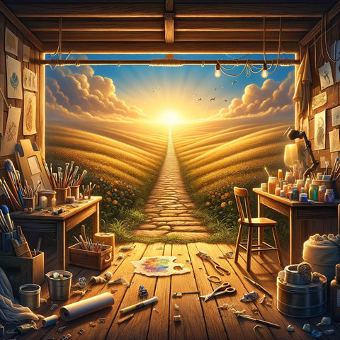 An inspirational image showing a path extending from a cozy, intimate art studio towards a broad, open horizon, symbolizing the artist's transformative journey from the inception of a POD business to achieving widespread success, filled with a sense of achievement and endless possibilities.