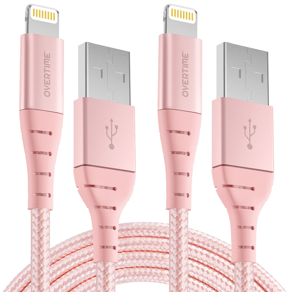 Overtime 10Ft Braided iPhone Charger Cord | Apple MFI Certified USB to Lightning Cable - Rose Gold (2-Pack)