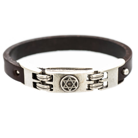 Leather and pewter star of david bracelet