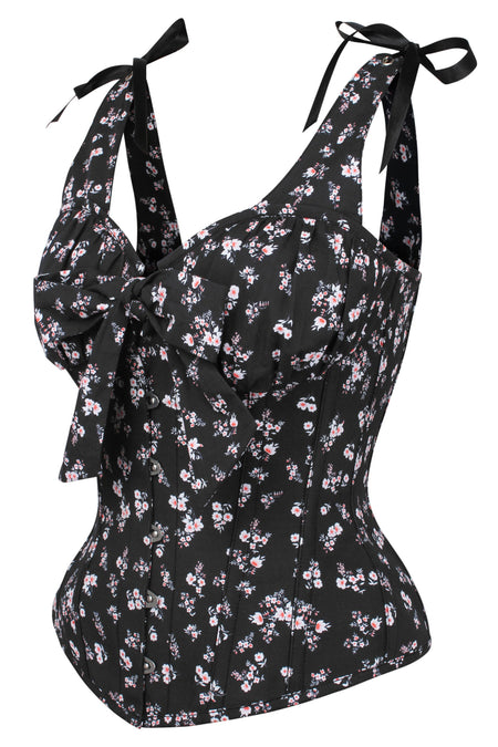 Dark Ditsy Floral Corset Top with Bow Detail