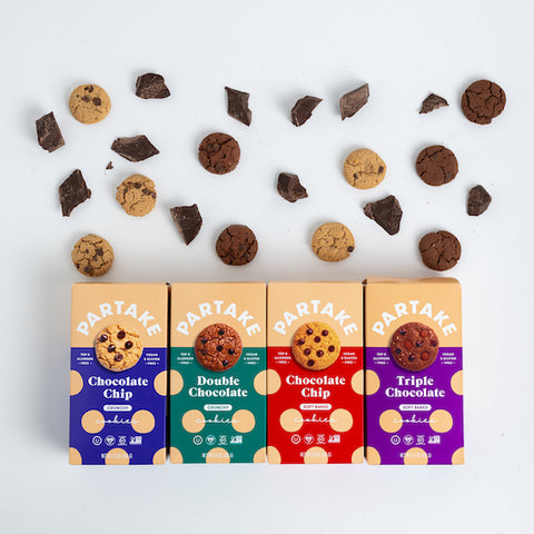 Partake chocolate lovers cookies featuring Chocolate Chip, Soft Baked Chocolate Chip, Triple Chocolate, and Double Chocolate