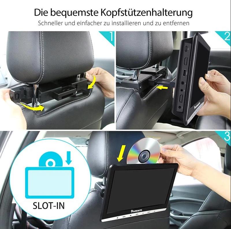 Naviskauto 2 Monitoren 10,1 Zoll Kopfstütze DVD Player für Auto, Slot-In Design Kinder Fernseher mit 2 Kopfhörern, Unterstützt USB/SD, AV Ein- und Ausgang