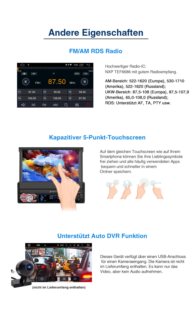 Pumpkin Android 9.0 Universal 1 Din Autoradio mit 7 Zoll Ausklappbarem Bildshirm und Navi Bluetooth, Unterstützt Rückfahrkamera DAB+ Mirrorlink Android Auto WiFi USB SD